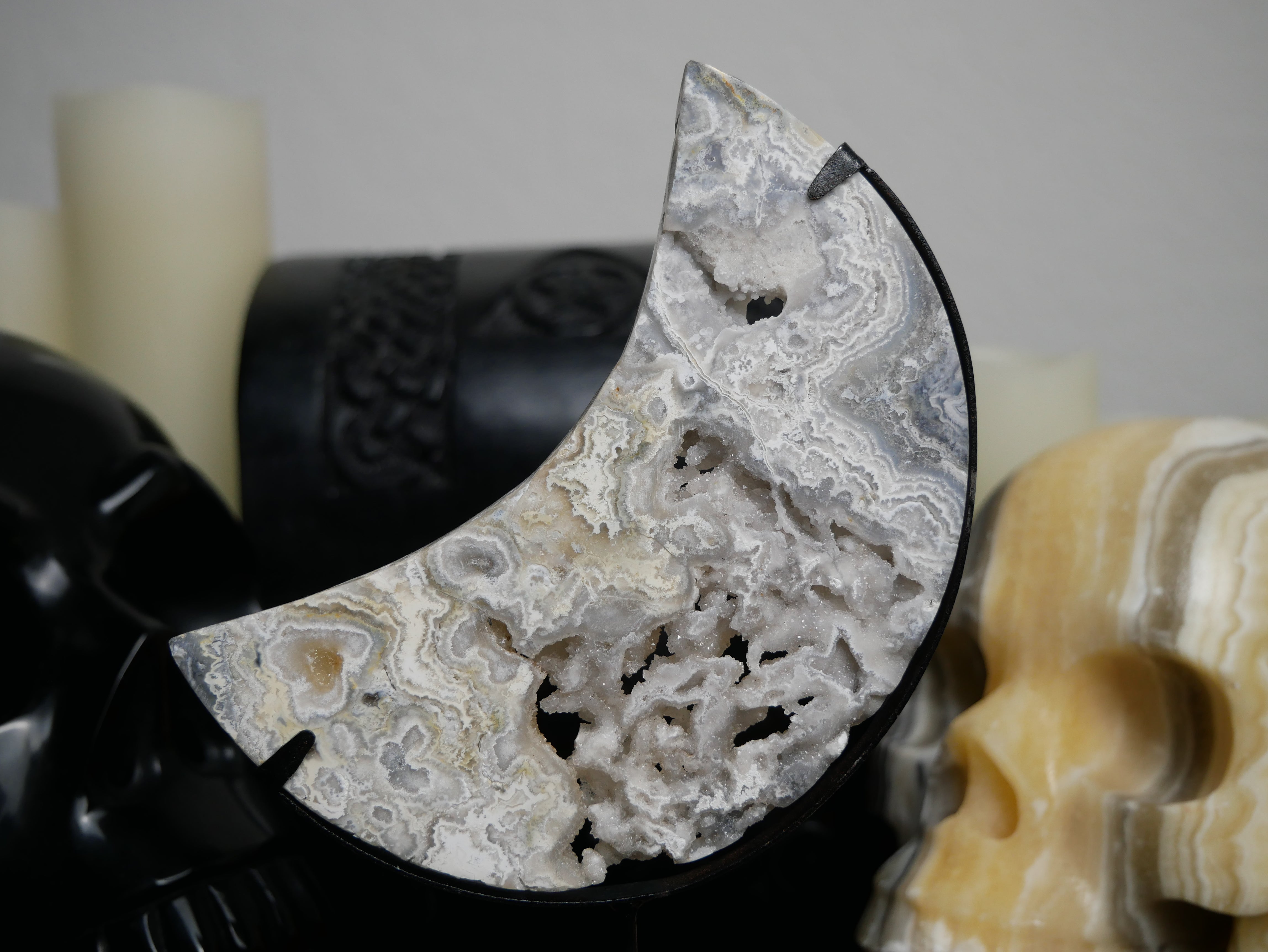 Indonesian White Crazy Lace Agate Moon w/ Stand